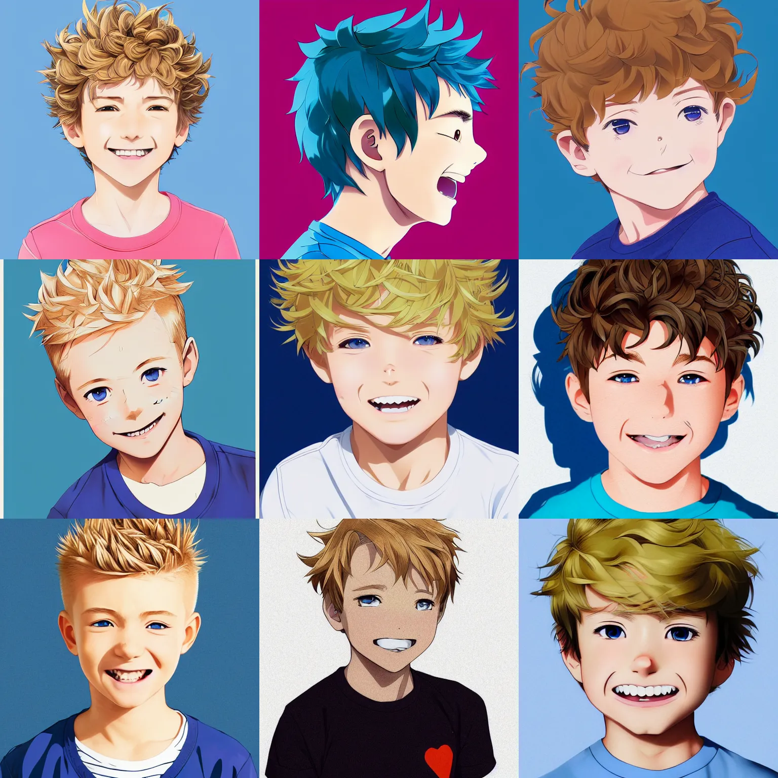 Prompt: A medium shot anime portrait of a smiling anime boy with very short curly blonde hair and blue eyes, buzzed sides, rosy cheeks, blue-eyed, very young child, medium shot portrait, his whole head fits in the frame, solid color background, simple colors, flat cel shading, digital drawing by Stanley Artgerm Lau, WLOP, Rossdraws, James Jean, Andrei Riabovitchev, Marc Simonetti, and Sakimi chan, trending on artstation