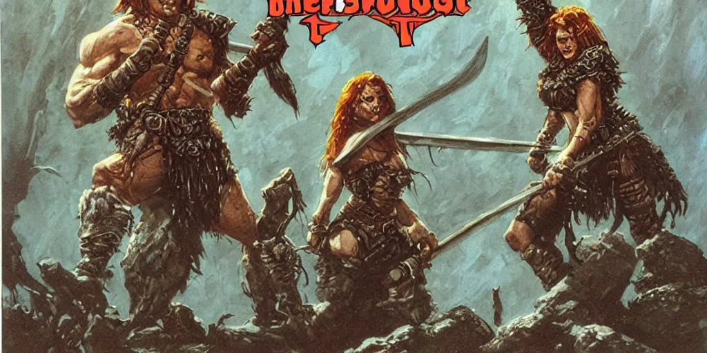 Image similar to heroquest cover art depicting female barbarian by Les Edwards, high quality