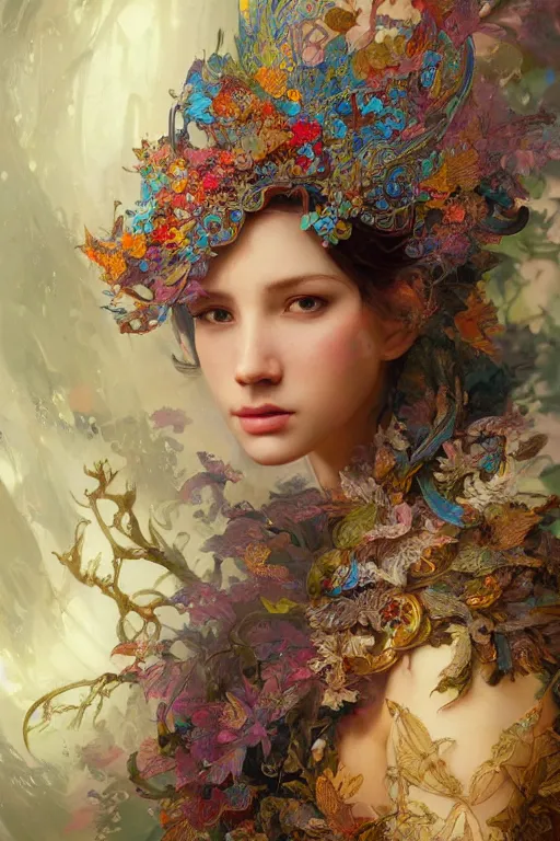 Prompt: a beautiful girl in intricate detailed color oilpaint, 3 d render, hyper realistic detailed portrait, flocking color leaves, ornate leaves headpiece, elegant, intense colors, ruan jia, wlop. scifi, fantasy, hyper detailed, octane render, concept art, by peter mohrbacher, by alphonse mucha, by wlop, by ruan jia