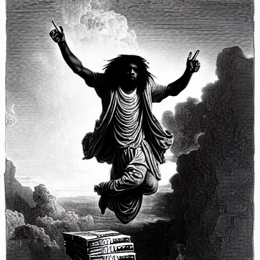 Image similar to cheef keef ascending into heaven holding stacks of cash, biblical image, style of gustave dore, highly detailed, beautiful, high contrast, black and white