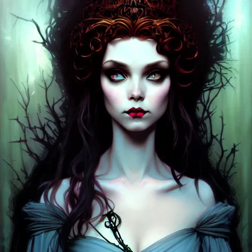 Image similar to a dark gothic version of Princess Merida, face, fantasy, intricate, elegant, highly detailed, digital painting, artstation, concept art, smooth, sharp focus, illustration, art by Gerald Brom and Tim Burton and Artem Demura and alphonse mucha