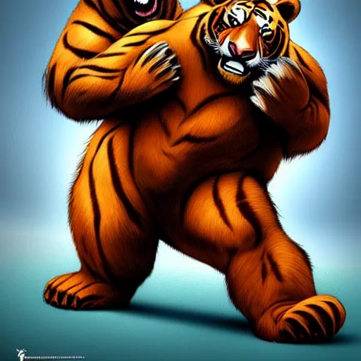 Prompt: in the style of Rafeal Albuquerque and artgerm, giant bear fighting a tiger in a prison