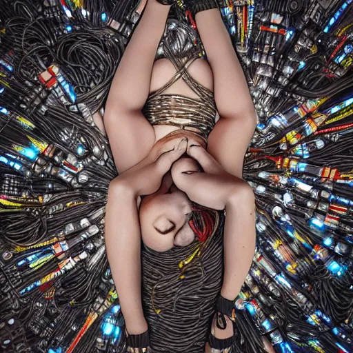 Image similar to tapping in to something greater, piles of modular synth cables, goddess laying down wearing a headpiece made of circuit boards, by cameron gray, wlop, stanley kubrick, masamune, hideki anno, unique perspective, trending on artstation, 3 d render, smooth render