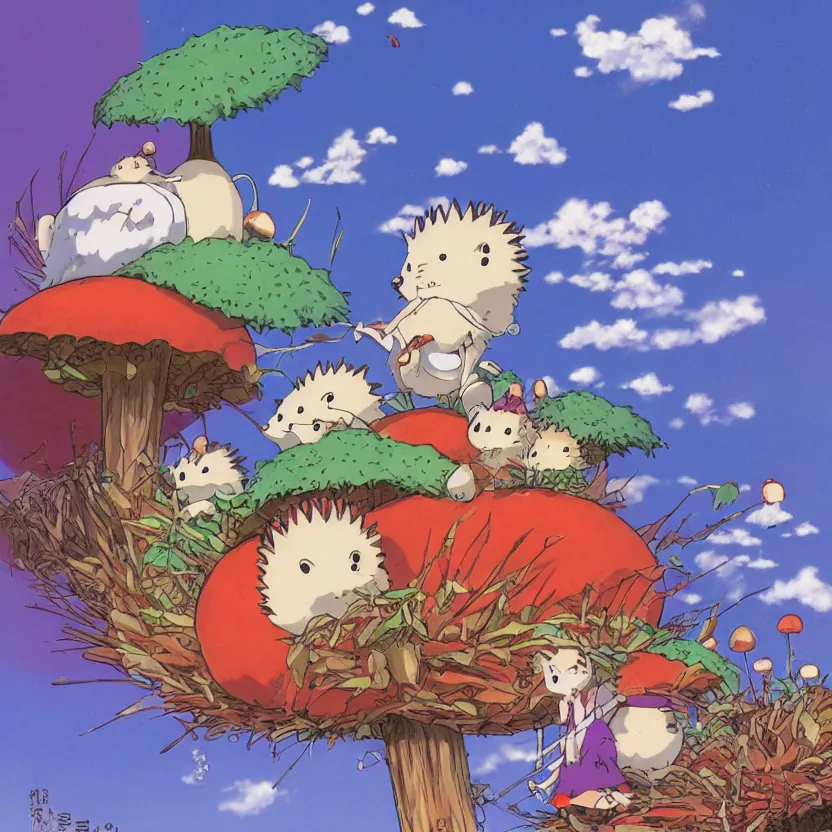 Image similar to anime by hayao miyazaki, hedgehog with purple needles hides under fly agaric from the rain