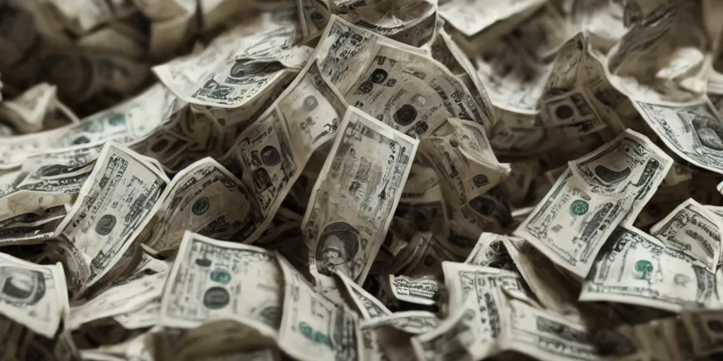 Image similar to a film still of cash money piling up in a vault, shallow depth of field, cinematic, award winning cgi, vfx, film still cfg _ scale : 1 1. 0