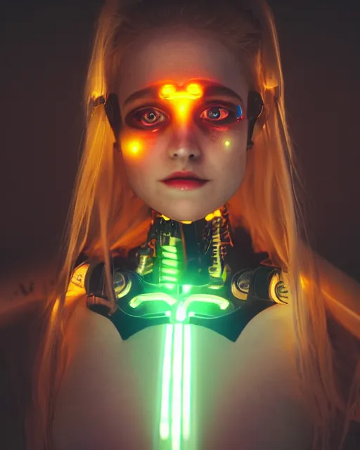 Prompt: photo of dreamy female as a solarpunk cyborg with fluorescent lamps over face, robotic body parts around neck, real human face with skin, ultra - realistic and detailed, long exposure, soft focus hdr 8 k