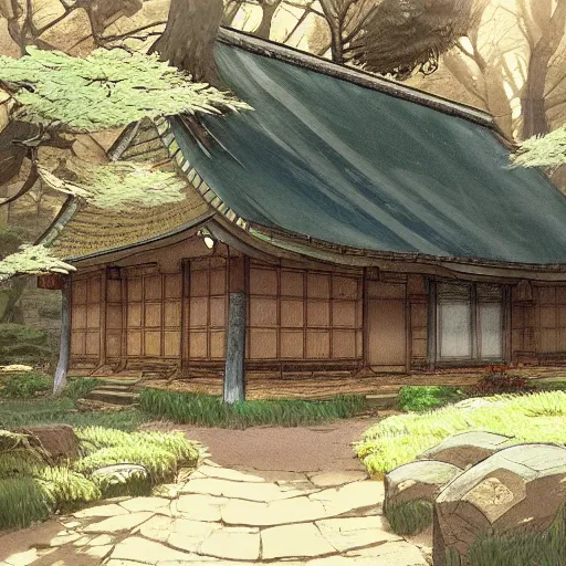 Image similar to concept art painting of a japanese english cottage in the deep woods, cozy, realistic, detailed, cel shaded, in the style of makoto shinkai and greg rutkowski and james gurney