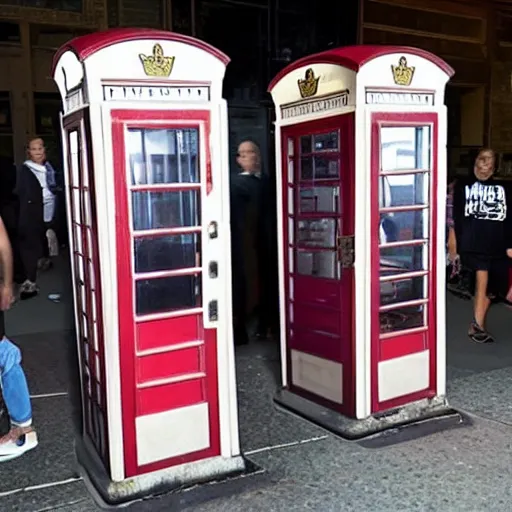 Prompt: photo of a phone booth stuffed full of 1 0 0 jared leto's who look uncomfortable