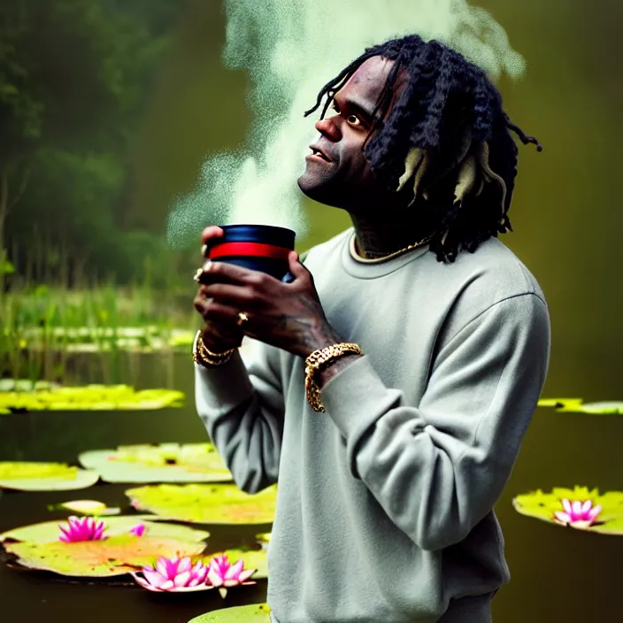 Image similar to Kodak Portra 400, 8K, soft light, volumetric lighting, highly detailed, britt marling style 3/4 ,portrait photo of chief keef holding a cup of lean and a blunt, the face emerges from the water of a pond with water lilies, inspired by Ophelia paint , a beautiful scenery with highly detailed realistic weed smoke , Realistic, Refined, Highly Detailed, natural outdoor soft pastel lighting colors scheme, outdoor fine art photography, Hyper realistic, photo realistic