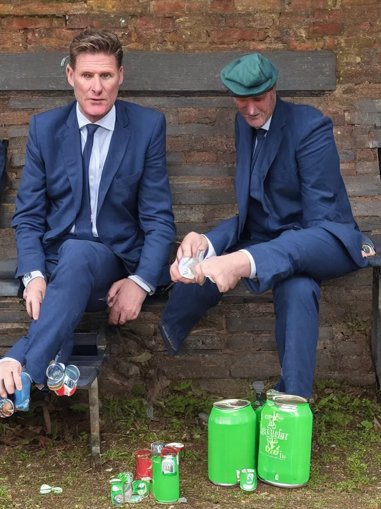 Image similar to Sir Kier Starmer in a blue suit wearing a flat cap on his head sitting on a bench alone holding a large plastic green bottle of cider, at his feet are empty cans and bottles