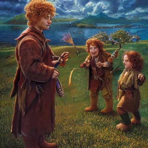 Image similar to halflings hobbits Merry and Pippin by Mark Brooks, Donato Giancola, Victor Nizovtsev, Scarlett Hooft, Graafland, Chris Moore