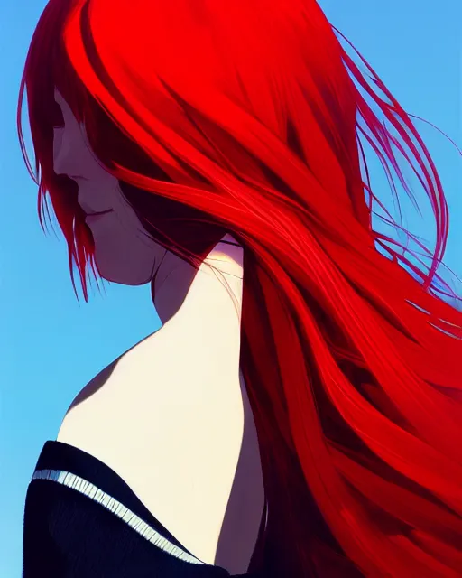 Image similar to a detailed portrait of an attractive woman with red hair and freckles by ilya kuvshinov, digital art, dramatic lighting, dramatic angle