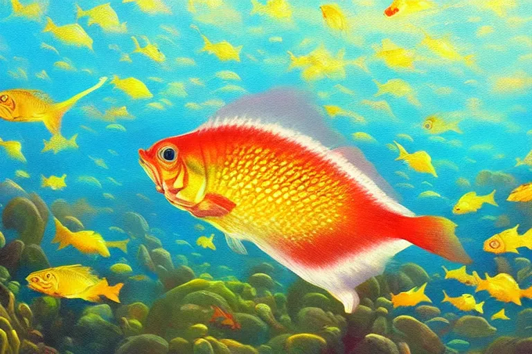 Image similar to fish, fantasy, painting, ultra realistic!!!, clear weather, golden hour, sharp focus