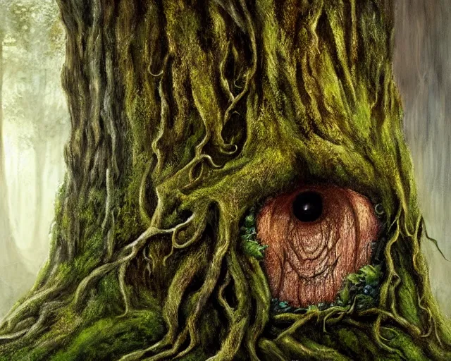 Image similar to a talking oak tree, a face in the bark, nose made of wood, eyes in the bark, fantasy concept art, leaves and moss, digital painting, oil painting, hyperrealistic, beautiful, treebeard, ent, highly detailed, soft lighting, golden sunlight, very detailed eyes, artstation, cgsociety, in the forest, by alan lee, by artgerm