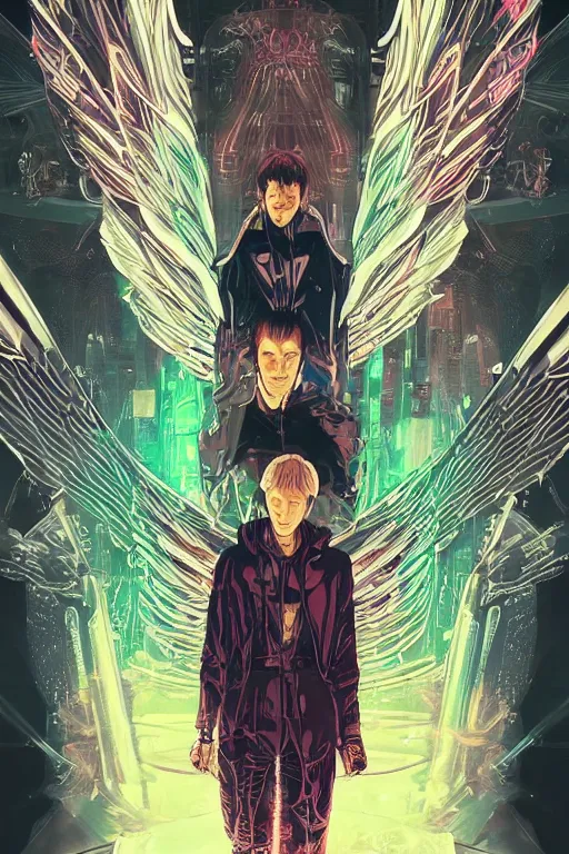 Image similar to white arc-angel with mystic robotic wings, blade runner, akira, ghost in the shell, 2077, style of Laurie Greasley and Satoshi Kon + symmetric lights and smoke, psychedelic effects , glowing particles, neon rain, glowing runes, de-noise, symmetrical composition, high detailed + tarot card, ornate border, 8k