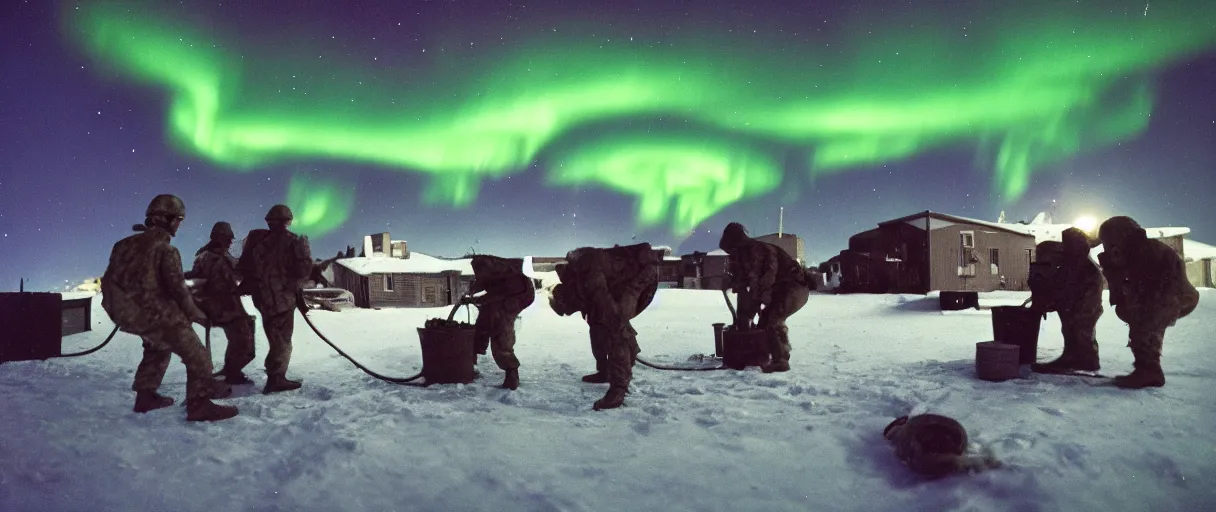 Image similar to a high quality color creepy atmospheric dimly lit closeup film 3 5 mm depth of field photograph of us soldiers pouring cans of gasoline along the perimeter of homes in mcmurdoch station in antarctica in 1 9 8 2 with the aurora borealis in the sky at night