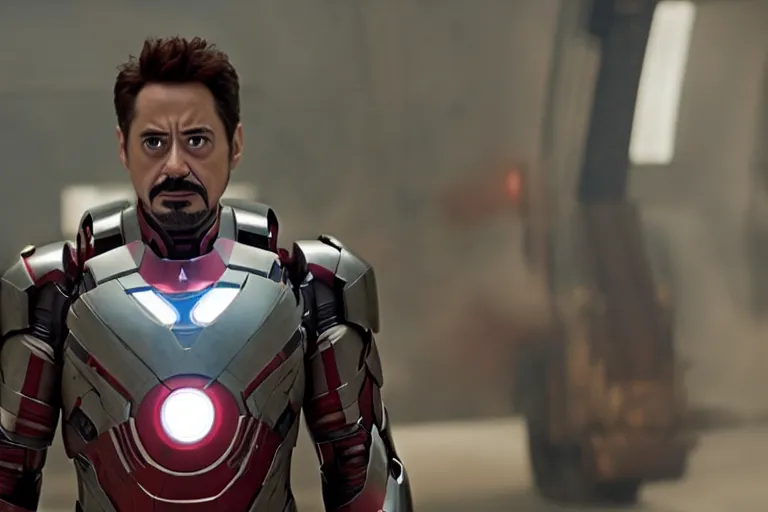 Prompt: film still of zombie Tony Stark in Ironman armor with no headpiece in new avengers movie, 4k