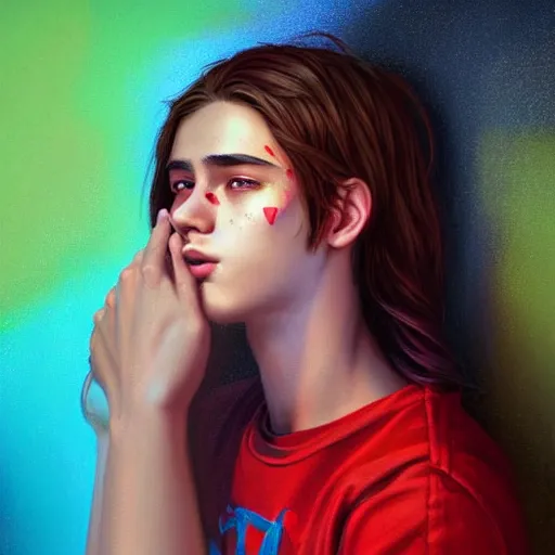 Image similar to colorful and festive captivating teenager with straight brown hair covering his eye, dark skin, big lips, big eyes, wearing a red t - shirt. rich vivid colors, ambient lighting, dynamic lighting, 4 k, atmospheric lighting, painted, intricate, highly detailed by charlie bowater