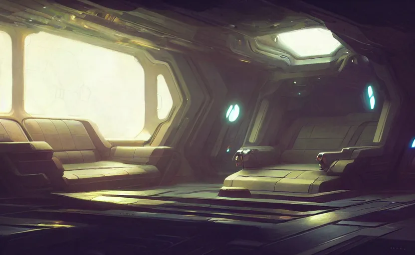 Image similar to spaceship interior, fantasy, natural light, concept art, by greg rutkowski, cozy atmospheric and cinematic lighting, trending on artstation