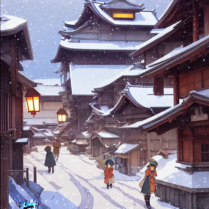 Image similar to japanese rural town, winter, in the style of studio ghibli, j. c. leyendecker, greg rutkowski, artem