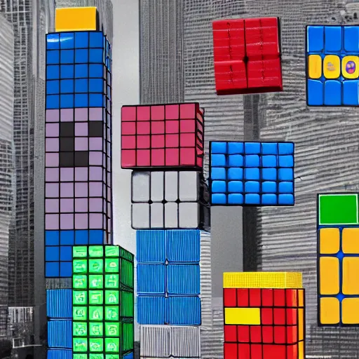 Prompt: a city of rubik cube buildings