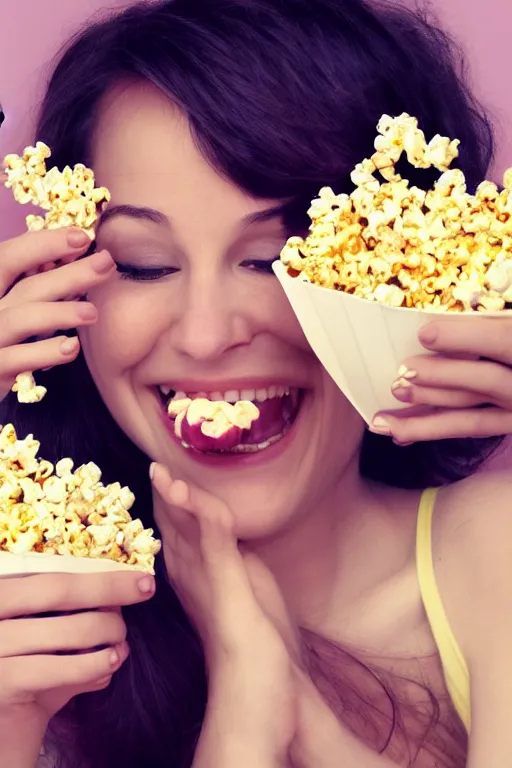 Prompt: portrait of a happy girl, lots of flowers and popcorn around, hyperrealistic, hightech