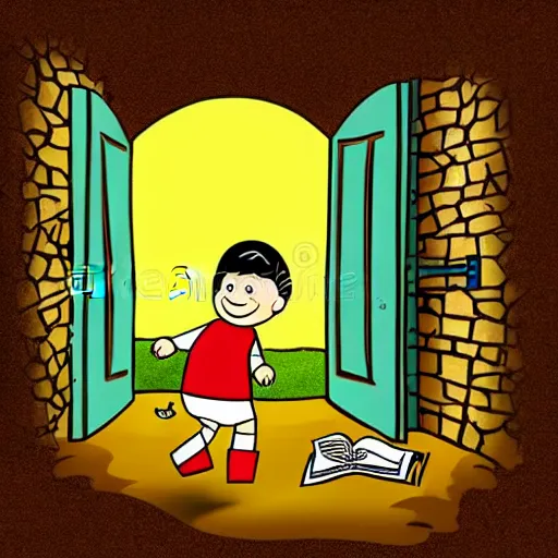 Image similar to storybook illustration of an open wardrobe revealing the entrance to a fantastic world featuring diary of a wimpy kid, storybook illustration, monochromatic