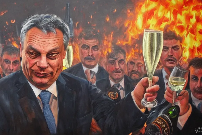 Prompt: viktor orban drinking champagne and cheering at the apocalyse in front a burning city, highly detailed eyes, oil on canvas