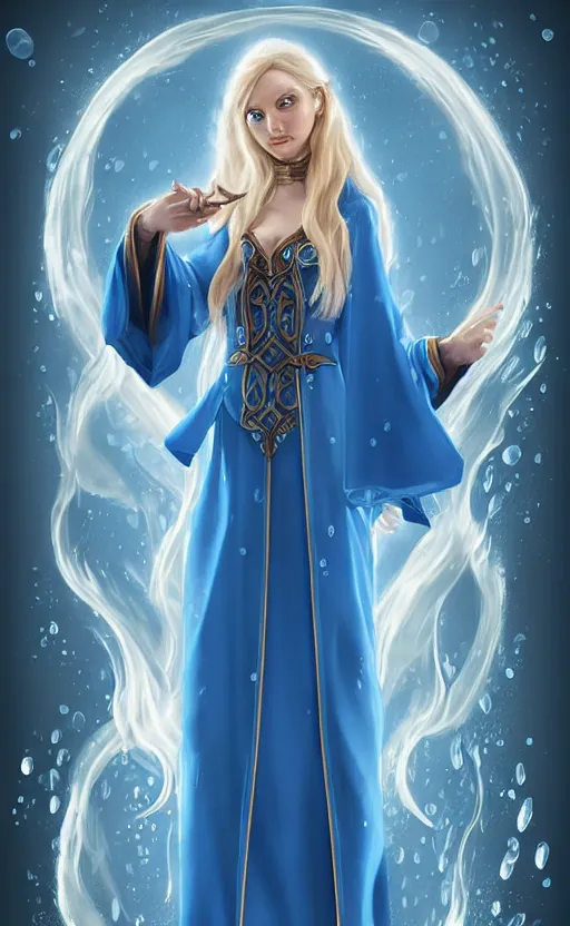 Image similar to elf female sorcerer doing water magic spells, blue robes, exquisite details, full body character design on a white background, by studio muti