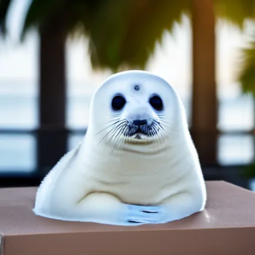 Image similar to a baby harp seal sitting near a box marked top secret, sitting on a beautiful dark leather chair at a luxury resort, palm trees outside the windows, panasonic, photo, gentle bokeh