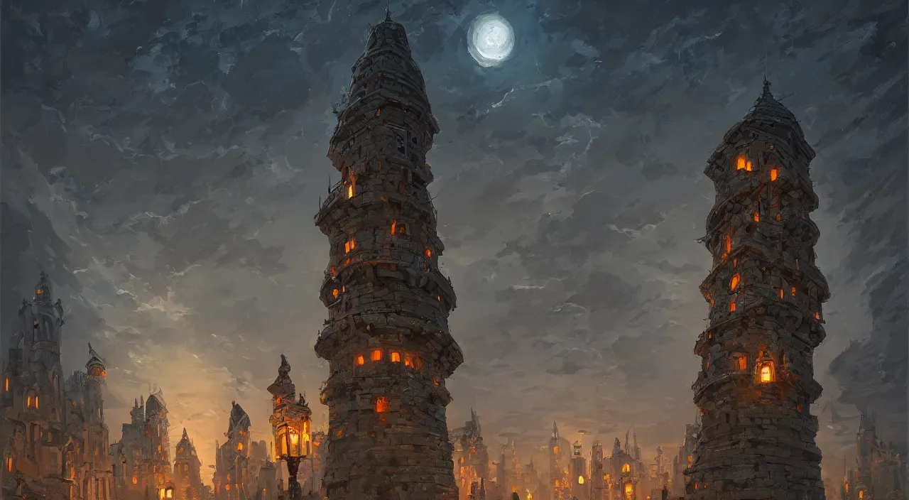 Prompt: ancient tower at night by Andreas Rocha and Giorgio de Chirico, highly detailed, wide angle, vibrant, high contrast, symmetry, great composition, high detail, cinematic lighting, sharp, oil painting, concept art, award winning masterpiece, trending on artstation