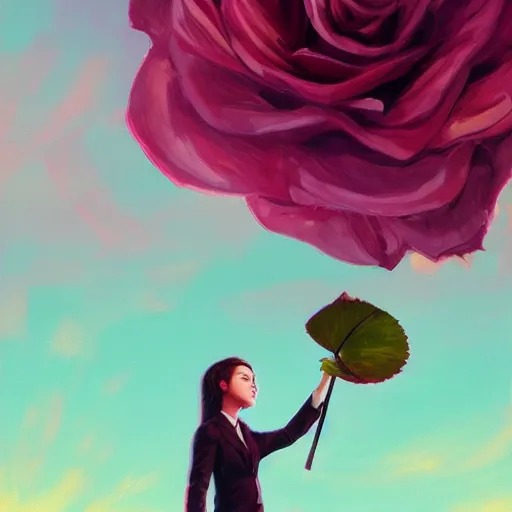 Image similar to closeup, giant rose flower head, frontal, girl in a suit, surreal photography, sunrise, dramatic light, impressionist painting, digital painting, artstation, simon stalenhag