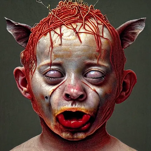 Prompt: half boy half rhino made of spaghetti and tomato sauce, looking straight into camera, screaming in pain, by giuseppe arcimboldo and ambrosius benson, renaissance, fruit, intricate and intense oil paint, a touch of beksinski and hr giger and edward munch, realistic