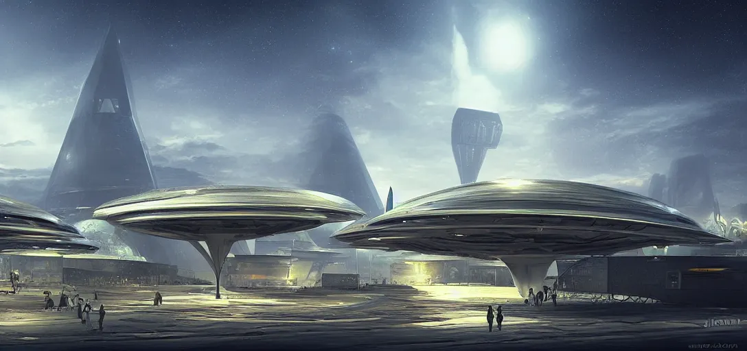 Image similar to a futuristic solarpunk spaceport, designed by jørn utzon, sci - fi, digital art by paul chadeisson