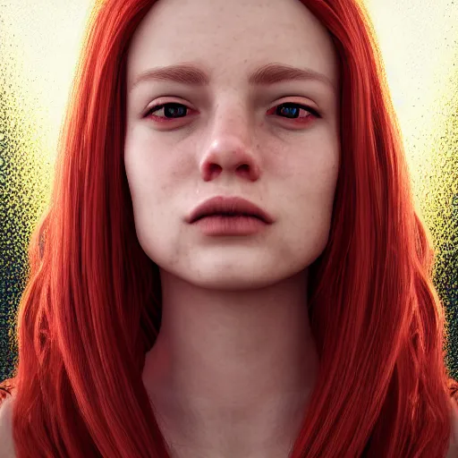 Image similar to girl portrait. red hair, green eyes. intricate artwork. octane render, trending on artstation, very coherent symmetrical artwork. cinematic, hyper realism, high detail, octane render, 8k, matte painting, 3d