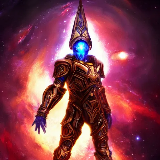 Image similar to photorealistic fantasy cosmic concept art of a cosmic god with armor made out of planets and dark matter, hovering in a unknown galaxy, fully body portrait, cinematic, dynamic lighting, ultra detailed, creative, trending on art station, creative