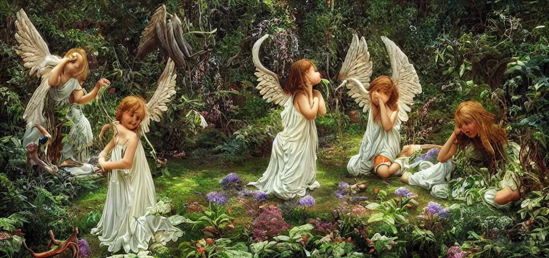 Prompt: angels playing in a hidden garden by michael whelan, heaven, ultra realistic, aesthetic, beautiful, magical