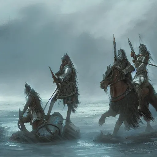 Image similar to knights dismounting off their longship to invade a village, dusk, cinematic, concept art, slight fog, high detail, wide shot, dynamic lighting, sharp focus, high resolution