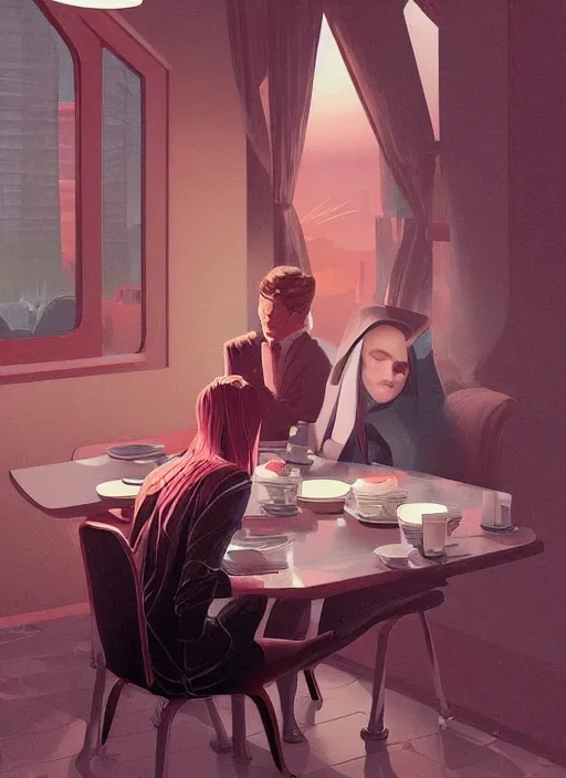 Prompt: Twin Peaks poster artwork by Olly Moss, James Northfield, Charles Hallo, Kerne Erickson, Michael Whelan and Tomer Hanuka, Rendering of Emma Watson dressed a nun sitting at a diner booth, full of details, by Makoto Shinkai and thomas kinkade, Matte painting, trending on artstation and unreal engine