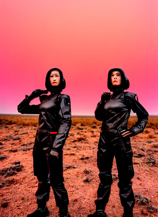 Image similar to photographic portrait shot on cinestill 5 0 d of two loving clones, techwear women on a desolate plain with a red sky, a brutalist dark metal facility in the background, dust storm, 3 5 mm, 8 k, depth of field, high resolution, ultra realistic faces