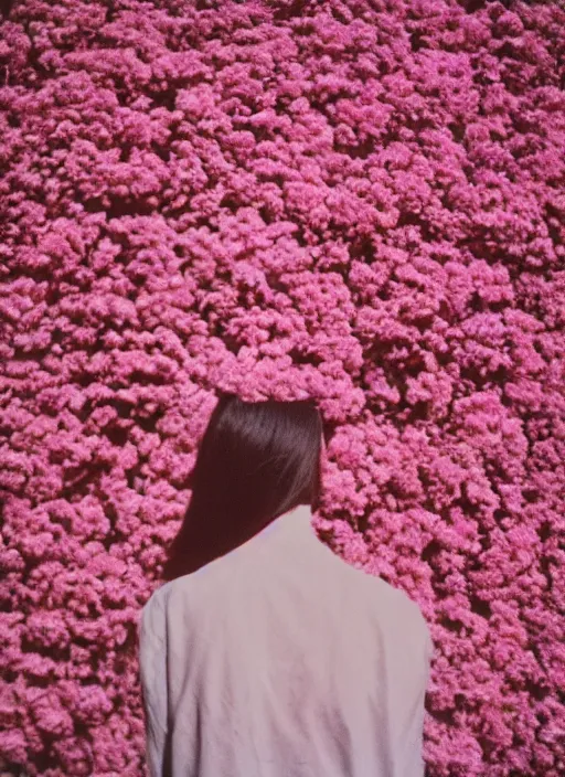 Image similar to extra close-up, color film photography, the back of a woman\'s head with interwoven flowers against a pink wall, daylight, 35mm