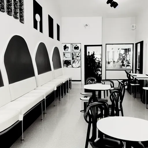 Prompt: photo of a minimalist white cafe interior, with arcade machines, and retro art on the white walls