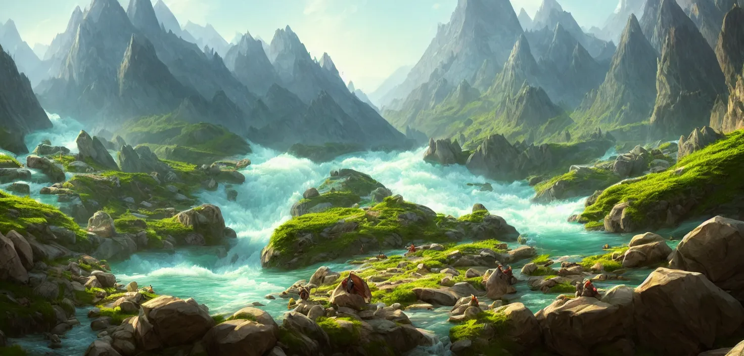 Image similar to lake in mountains streams and rivers flow down slopes of mountains and rocks into the valley spring in mountains, trumpet, by dom qwek, fish eye view, trending on polycount, artstation, 3 d hammer modeling, hd, vray, 8 k, sharp high quality artwork in style of greg rutkowski, concept art, blizzard warcraft artwork, hearthstone card artwork