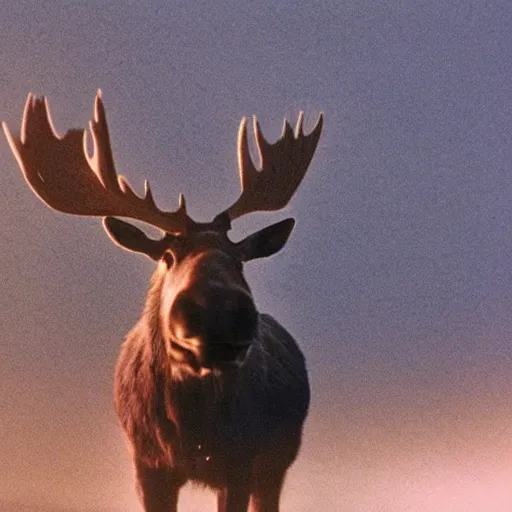 Prompt: polaroid of a moose with a cheeky smile, foggy, cinematic shot, photo still from movie by denis villeneuve, wayne barlowe