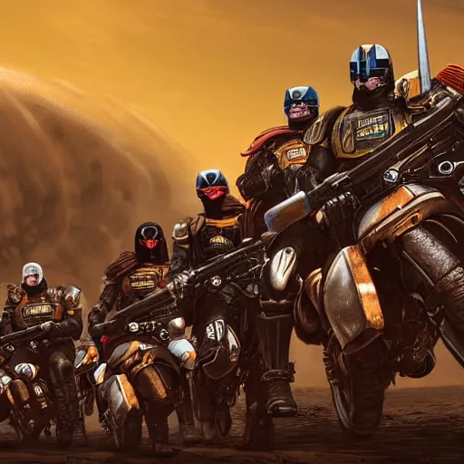 Prompt: four judges on big motorcycles from Judge Dredd riding across the Cursed Earth with a trail of dust behind them, and the ruins of Minneapolis ahead. Hyperrealistic, artstation, movie poster art