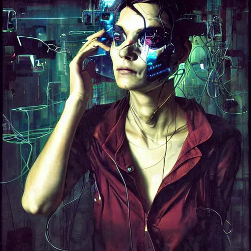 Prompt: shannyn sossamon as a cyberpunk hacker, wires cybernetic implants, in the style of adrian ghenie, esao andrews, jenny saville, surrealism, dark art by james jean, takato yamamoto