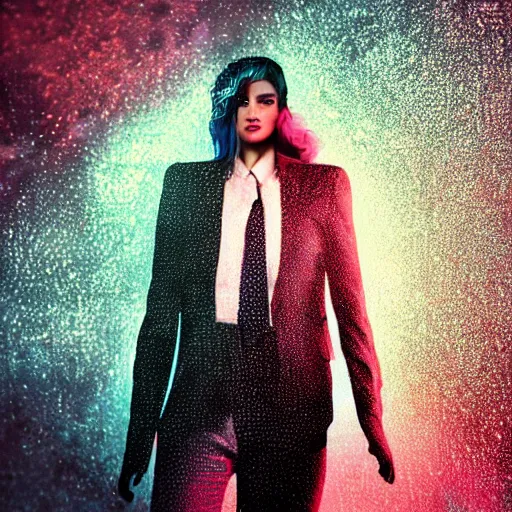 Image similar to stylish woman cartoon portrait made out of rain galaxies, pinstripe suit, cyberpunk background, octane render, unreal engine, highly detailed, trending on artstation, realistic, neon, beautiful