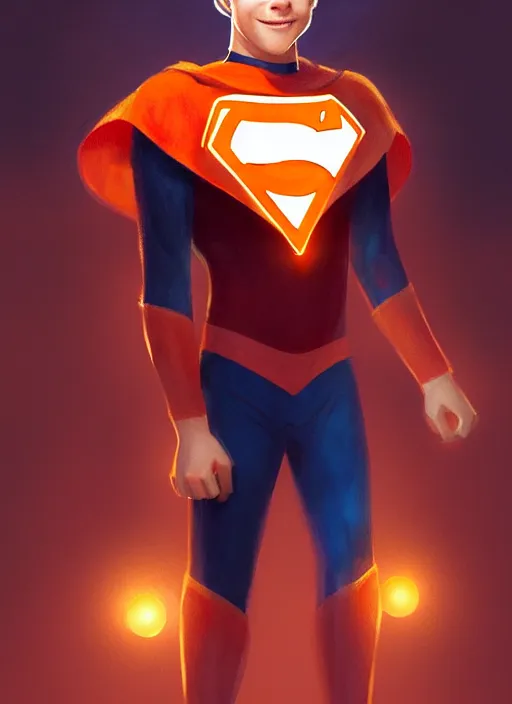 Image similar to kind teenage archie andrews wearing an orange superhero costume, superhero costume with heart emblem, cape, intricate, elegant, glowing lights, highly detailed, digital painting, artstation, sharp focus, illustration, art by wlop, mars ravelo and greg rutkowski