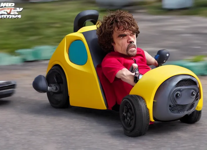 Prompt: peter dinklage mad driving a little tikes car, movie still, from the new fast and furious movie, 8 k, realistic