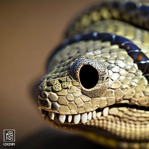 Image similar to large coiled snake with a chrome skull as the head, XF IQ4, f/1.4, ISO 200, 1/160s, 8K, RAW, unedited, symmetrical balance, in-frame